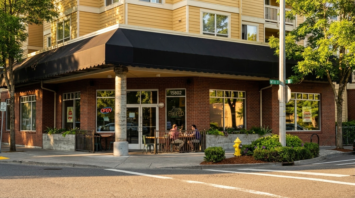 Two people dine outdoors at a brick restaurant with a black awning and large windows.