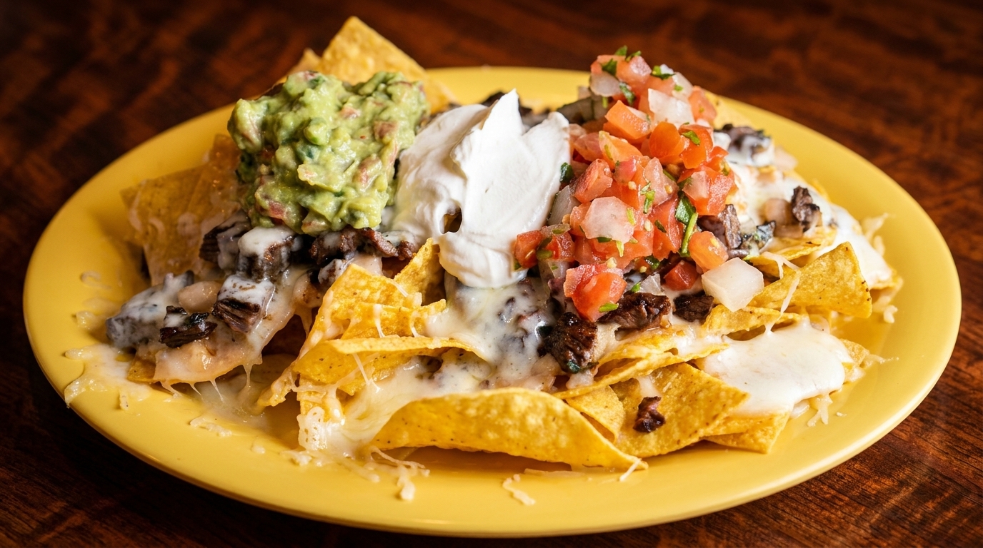 A yellow plate of loaded nachos with steak, cheese, guacamole, sour cream, and pico de gallo.