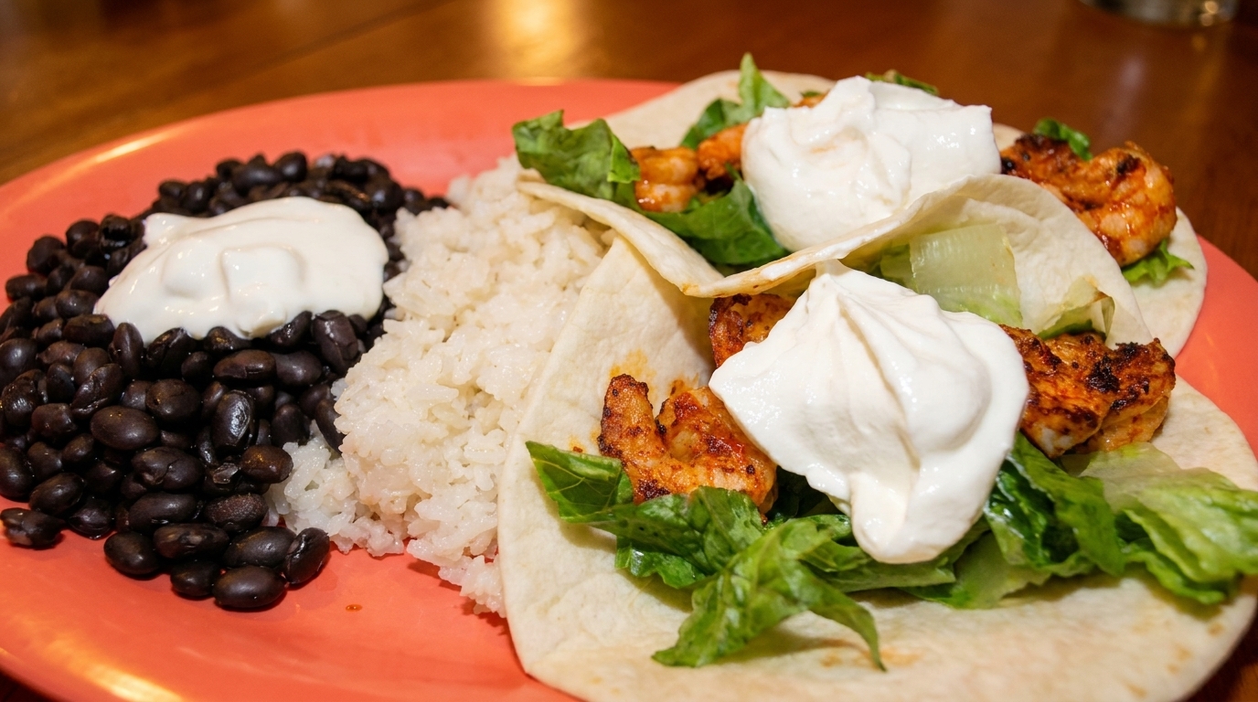 Shrimp tacos with lettuce and sour cream, served with black beans and white rice on an orange plate.