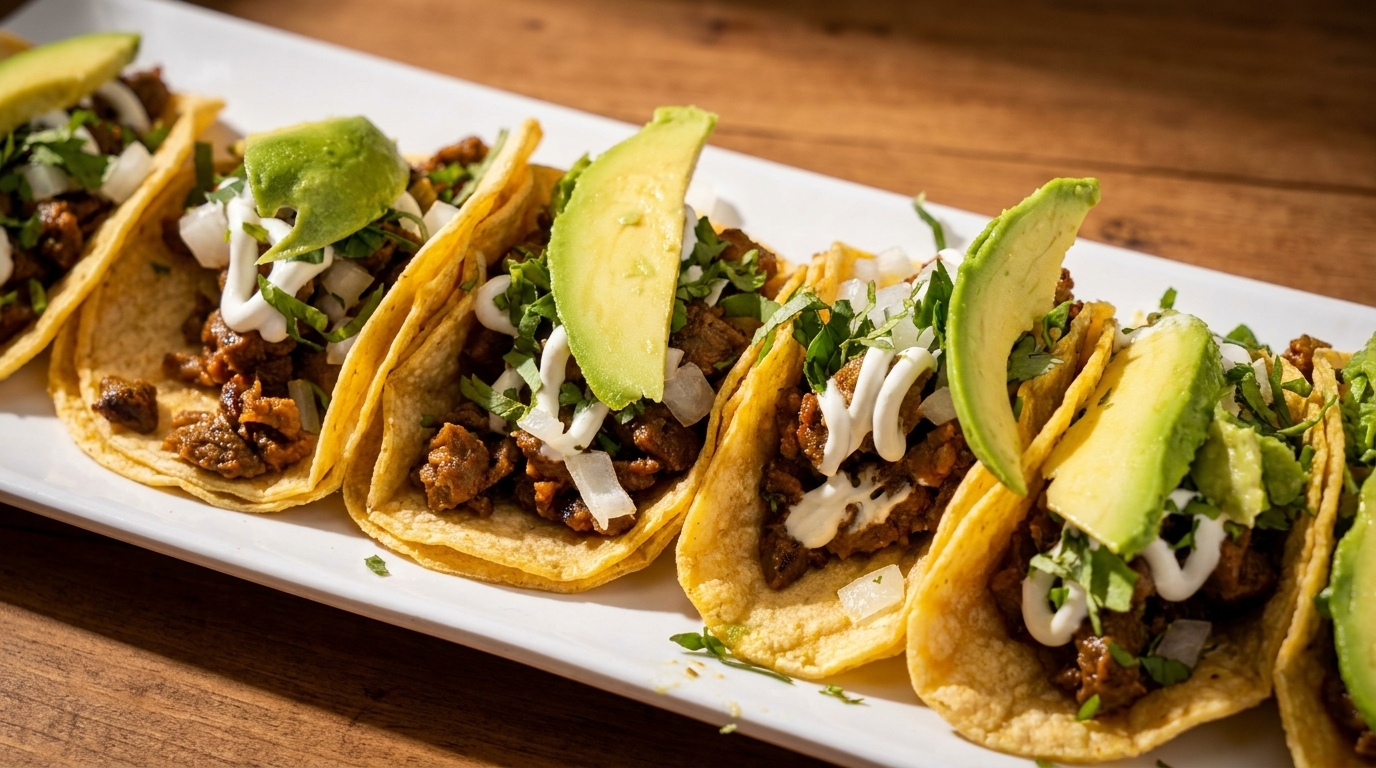 A row of six street tacos on a white platter, filled with meat, onions, cilantro, sour cream, and avocado slices.