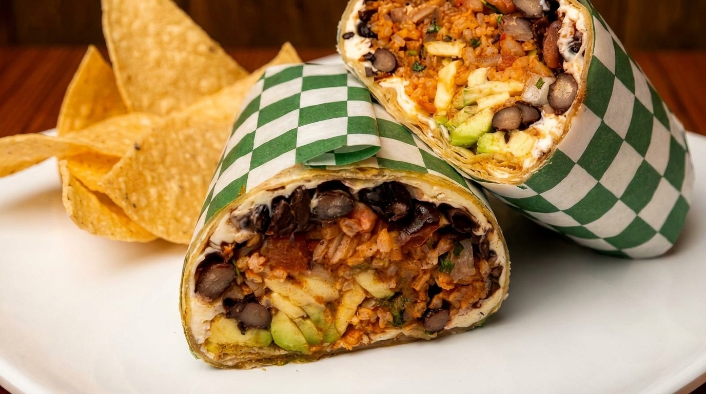 Two burritos wrapped in green and white checkered paper, filled with rice, beans, and avocado, served with tortilla chips.