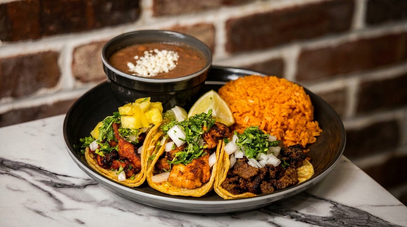 Three tacos with various fillings, rice, beans, and lime on a dark plate.