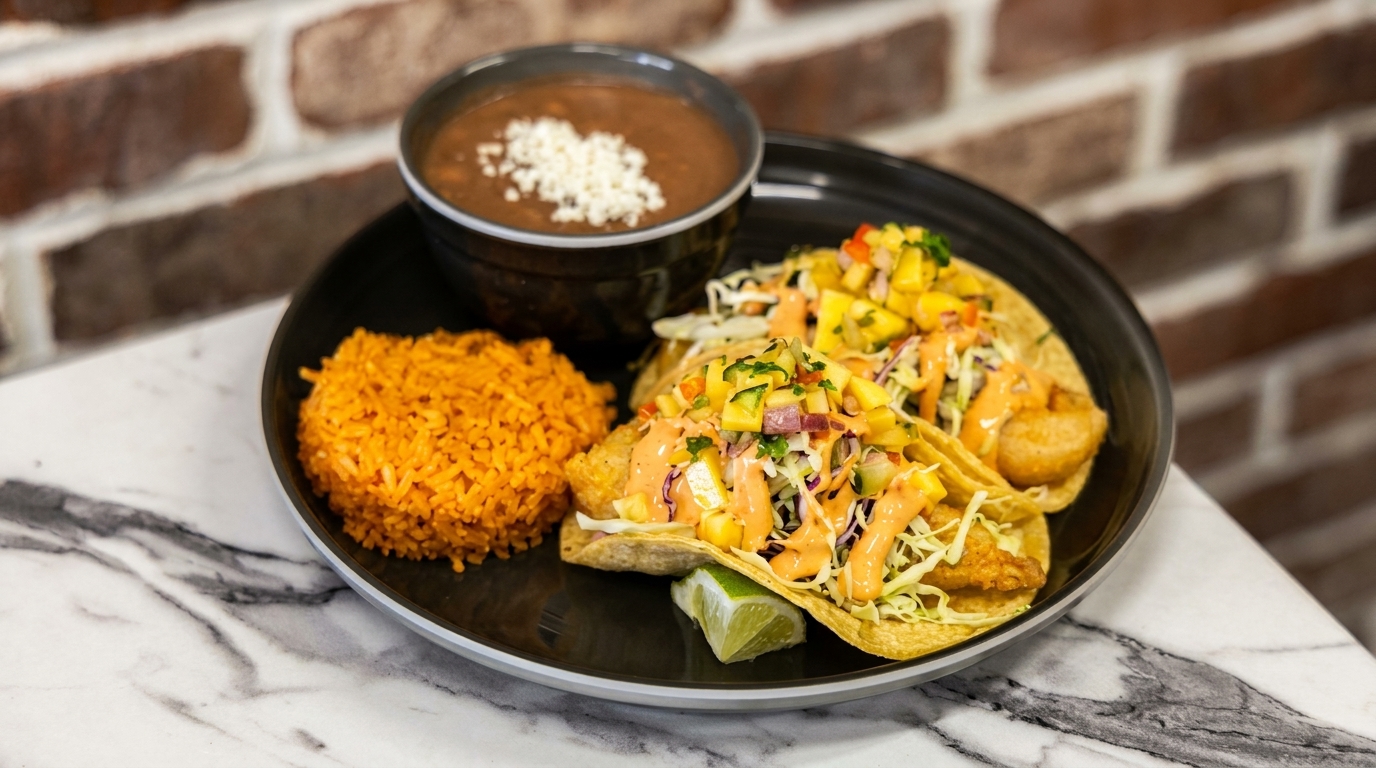 Two fish tacos with mango salsa, rice, and a bowl of black beans with cheese on a black plate.
