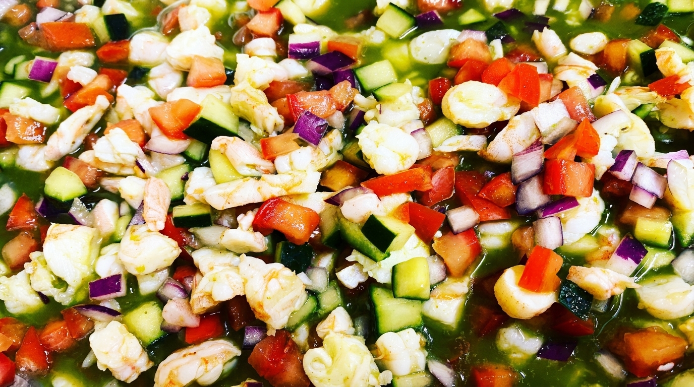 Close-up of shrimp ceviche with diced tomatoes, cucumbers, and red onions in green sauce.
