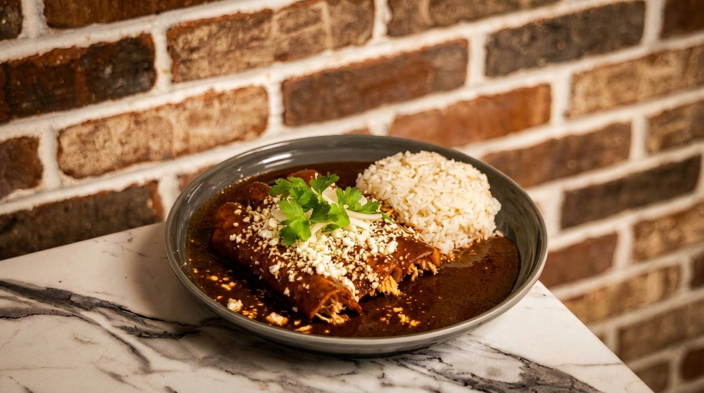 Chicken enchiladas with mole sauce, rice, crumbled cheese, and parsley on a marble table.