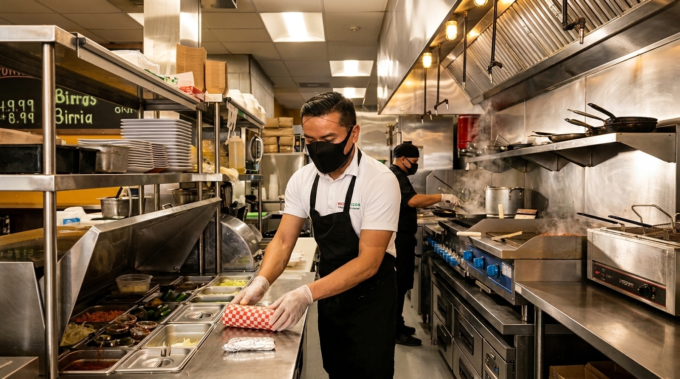 Two masked chefs prepare food in a busy, stainless steel commercial kitchen at Huaraches Moroleon.