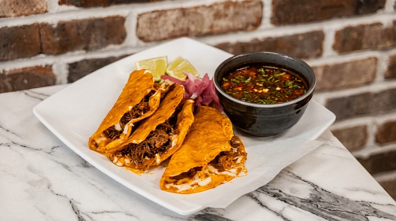 Three birria tacos with melted cheese, a side of consommé, pickled onions, and lime wedges.