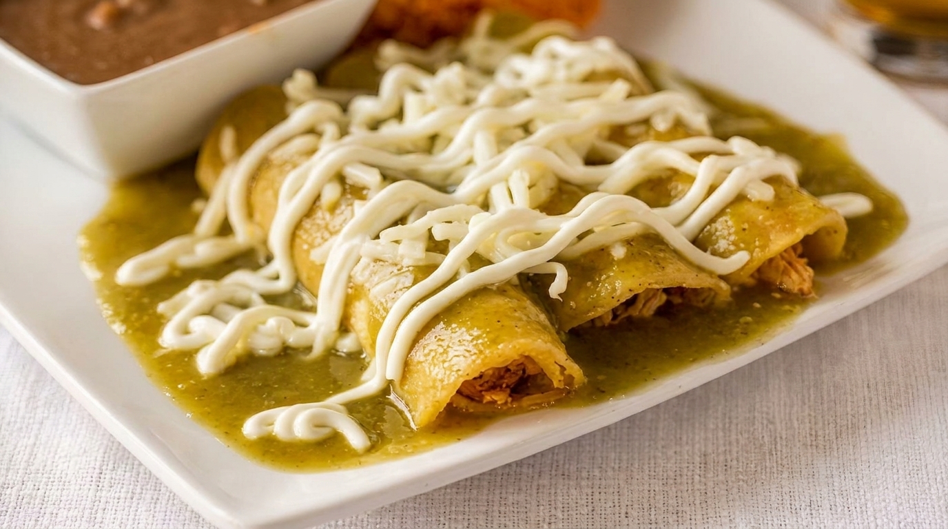 Chicken enchiladas with green sauce and melted white cheese, served with a side of refried beans.
