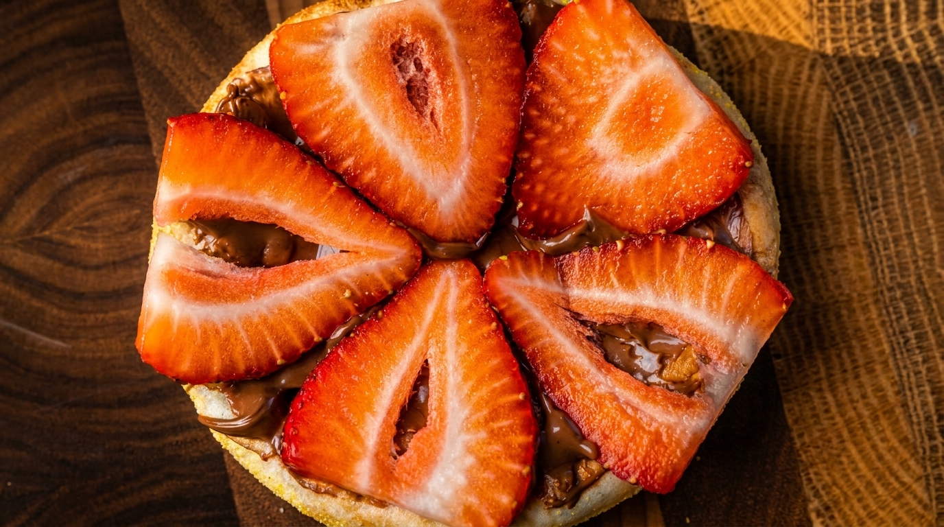 Overhead view of a round dessert topped with sliced strawberries and chocolate spread on a wooden surface.