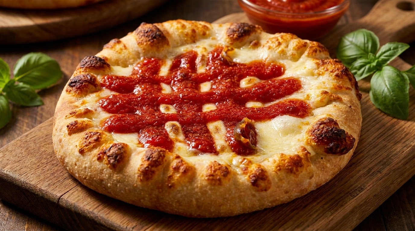 A small, round pizza with melted cheese and red sauce stripes on a wooden board.