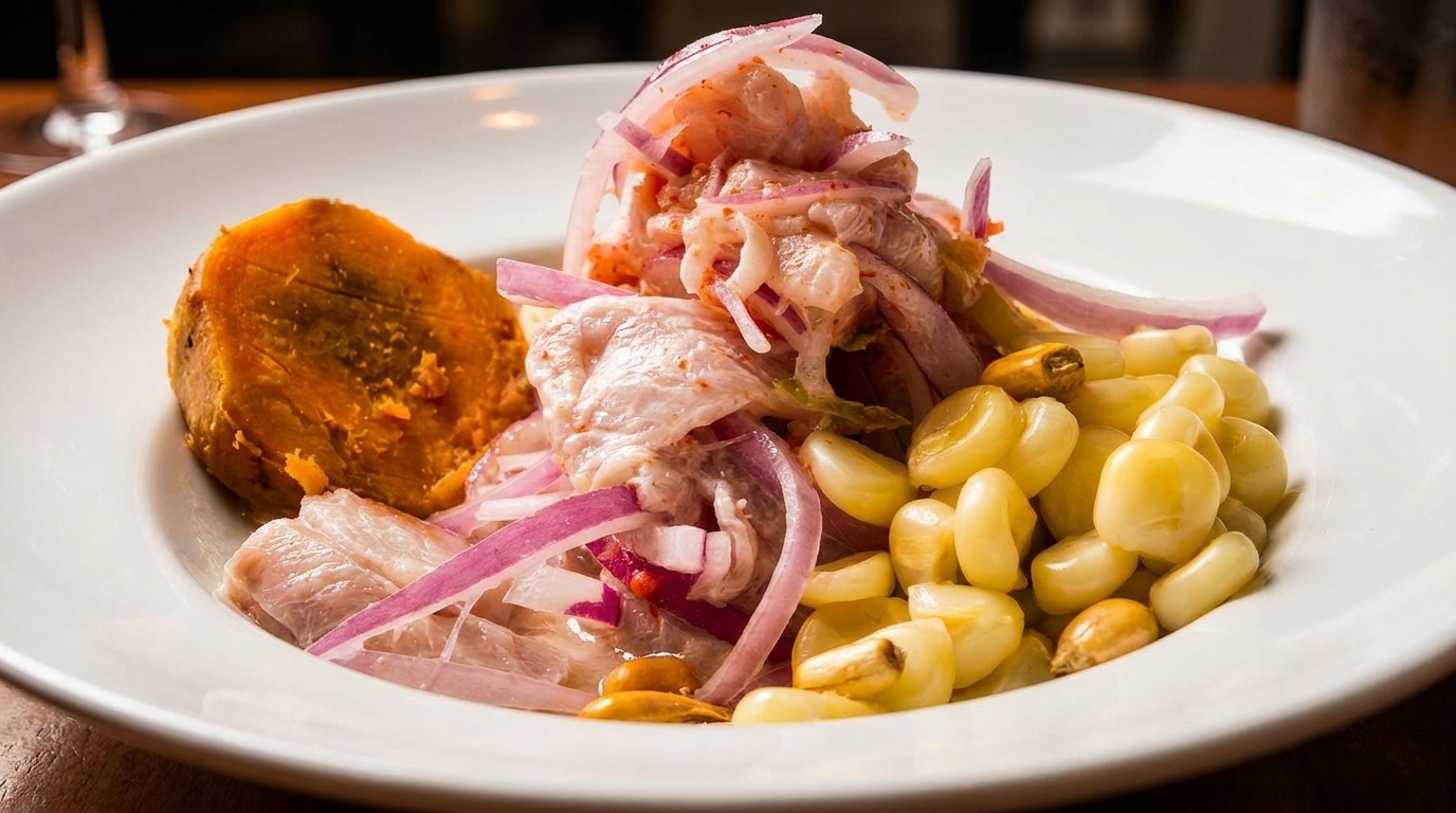 Close-up of ceviche with fish, red onions, corn, and sweet potato on a white plate.