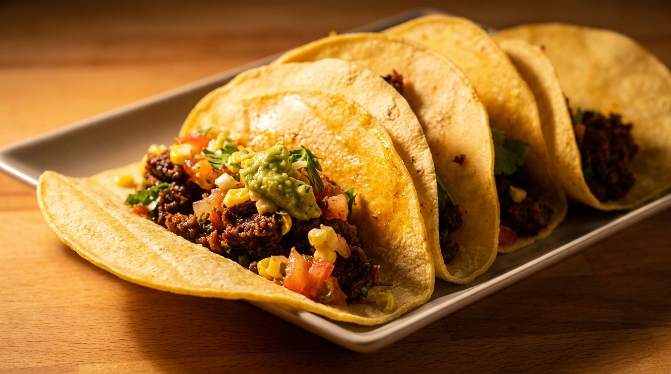 Four tacos with meat, corn, tomatoes, and guacamole on a white plate.