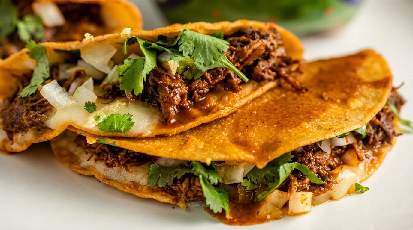 Close-up of two birria tacos with melted cheese, shredded meat, diced onions, and cilantro.
