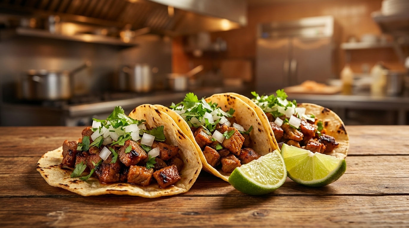 Three street tacos with meat, cilantro, and onions, with lime wedges, on a wooden table in a kitchen.