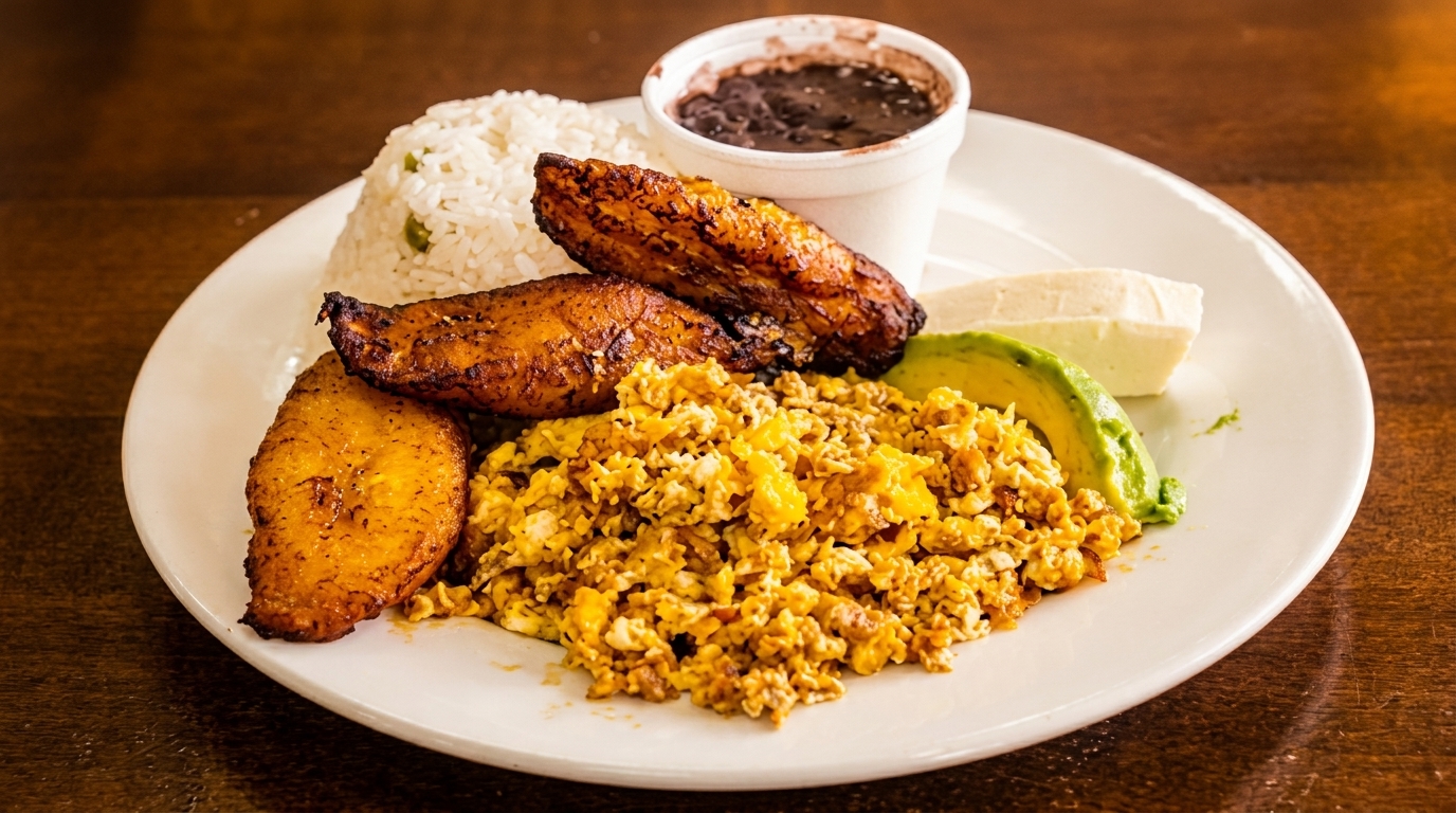 A white plate with scrambled eggs, fried plantains, rice, black beans, avocado, and cheese.
