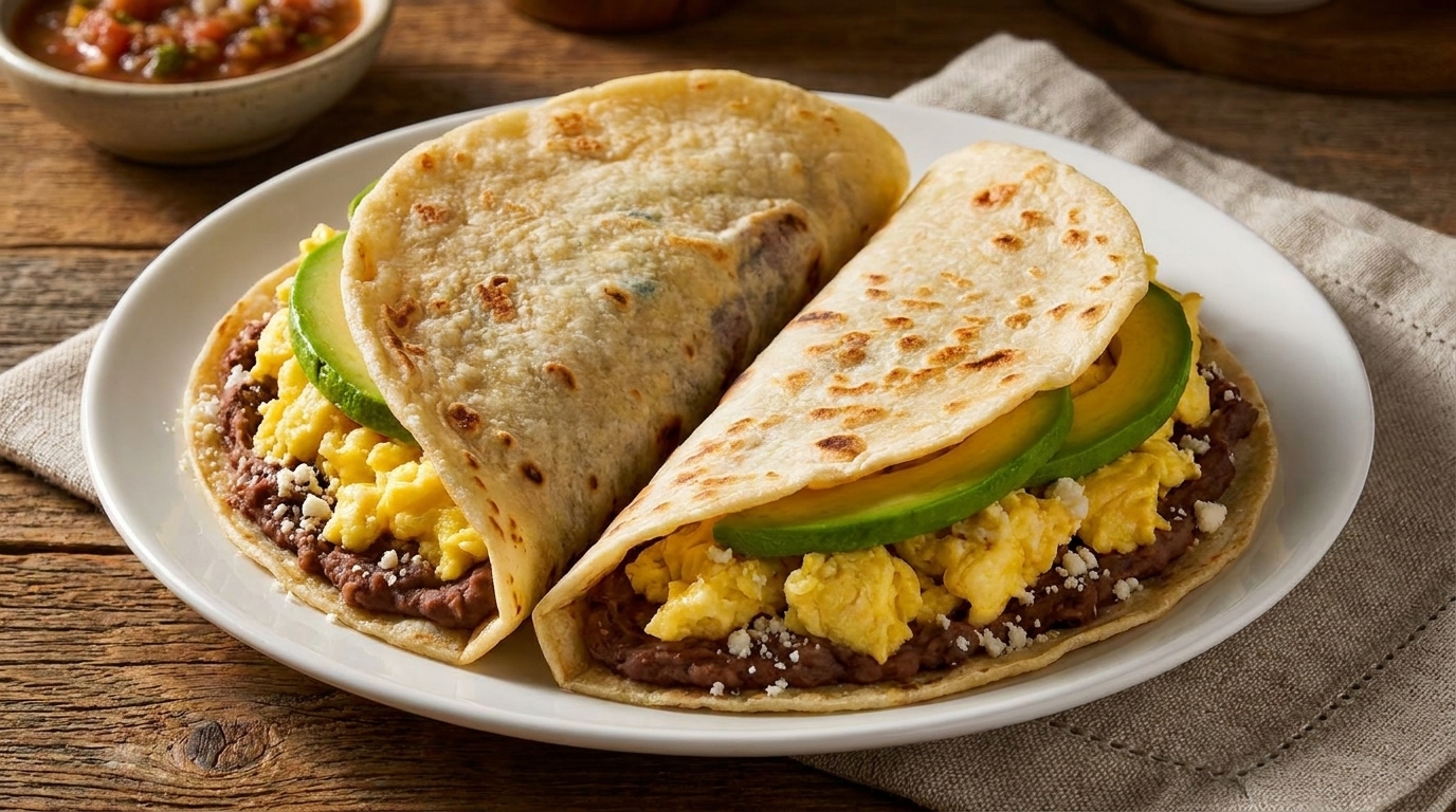 Two breakfast tacos with scrambled eggs, refried beans, avocado slices, and crumbled cheese.