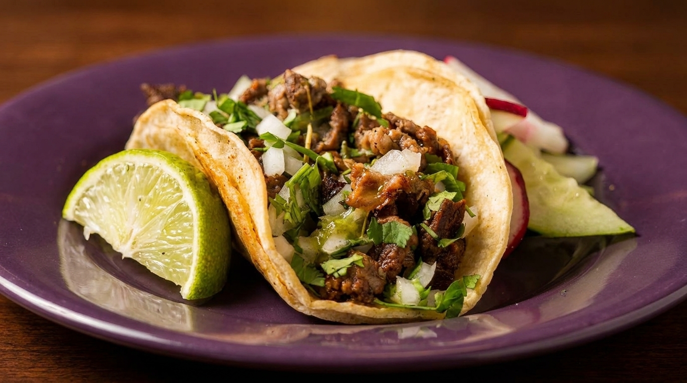 Two carne asada street tacos with cilantro, onions, and lime on a purple plate.