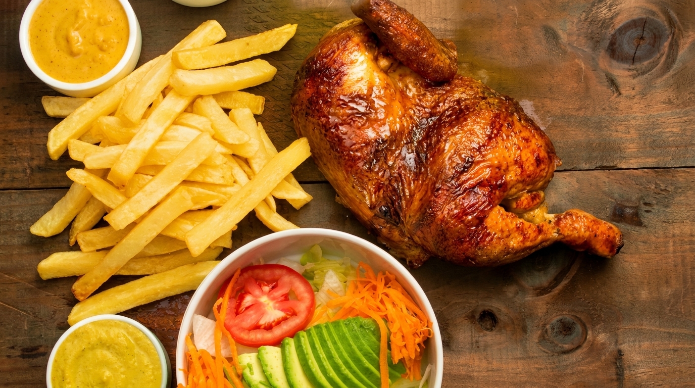 Whole roasted chicken, golden fries, fresh salad, and two dipping sauces on a wooden table.