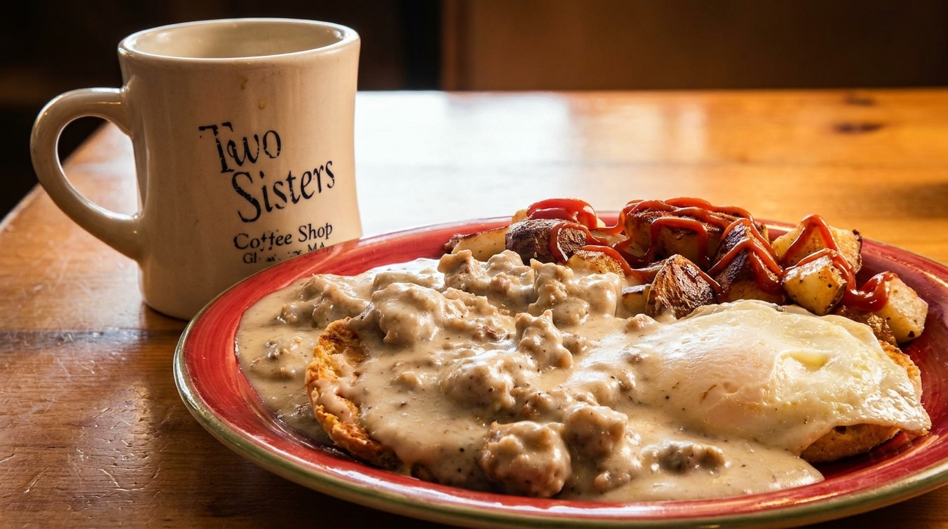Biscuits and gravy with a fried egg, home fries, and a "Two Sisters Coffee Shop" mug.