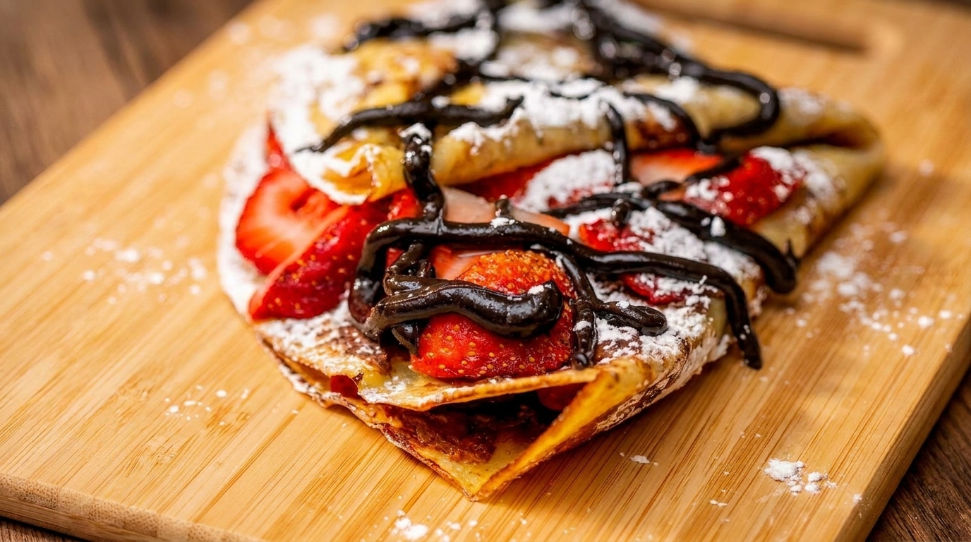 A golden crepe filled with fresh strawberries, drizzled with chocolate sauce and powdered sugar.