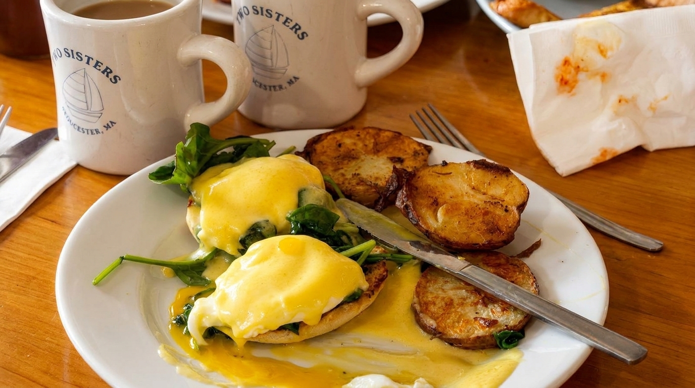 Eggs Benedict with spinach and home fries, alongside Two Sisters branded coffee mugs.