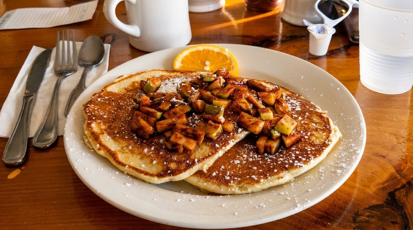 Two pancakes topped with diced apples and powdered sugar, with an orange slice on a white plate.