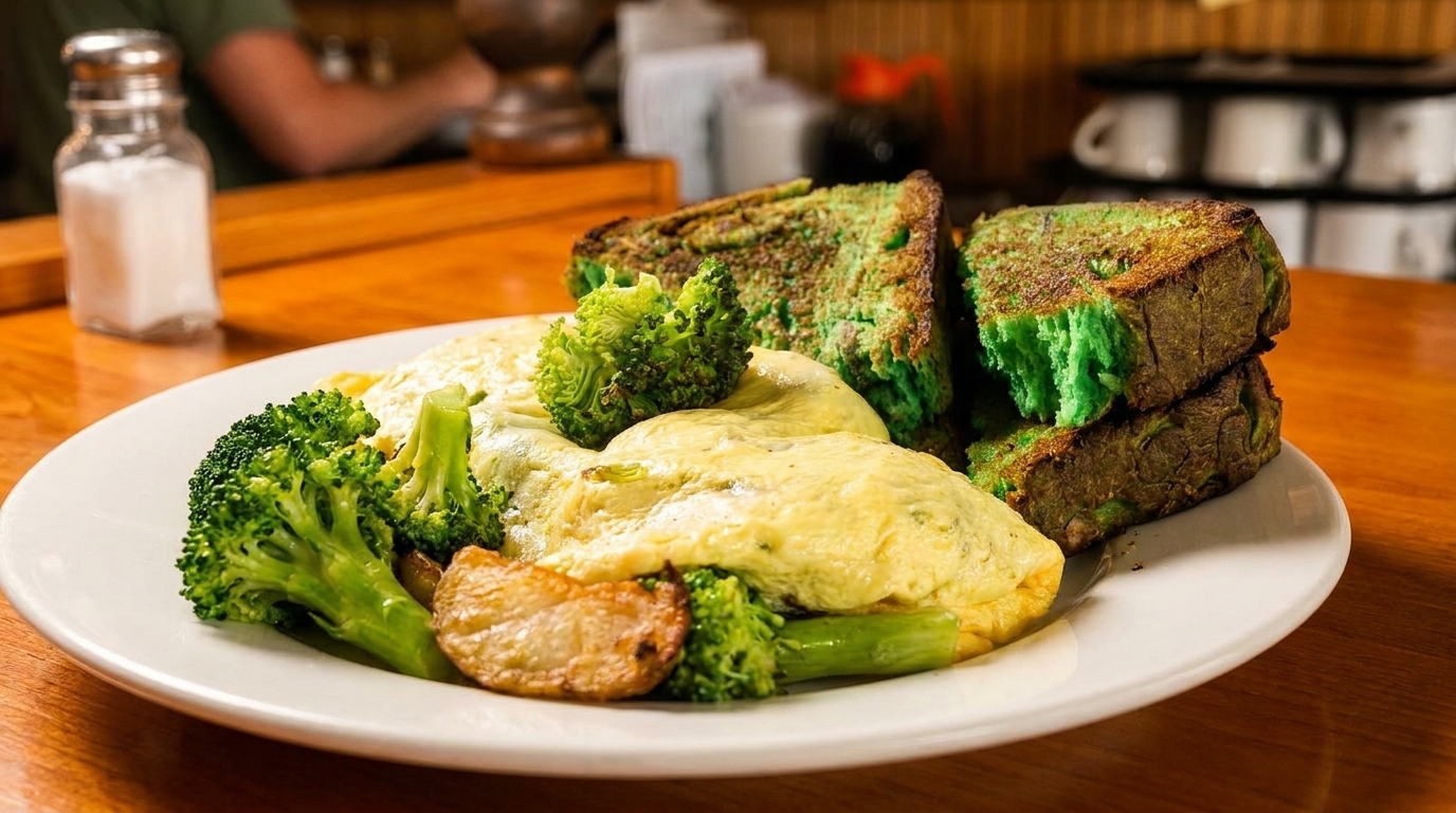 A breakfast plate with a fluffy omelet, roasted potatoes, broccoli, and green French toast.