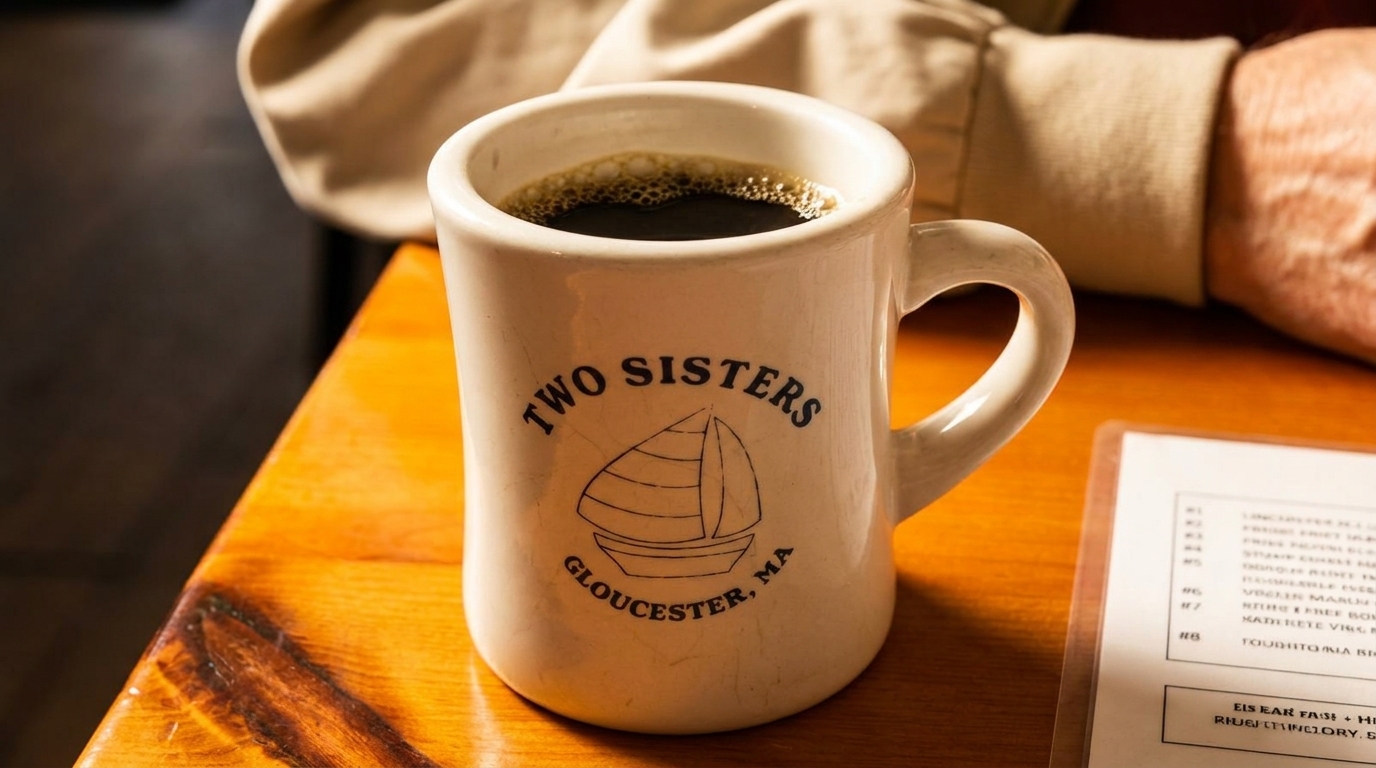 A white "Two Sisters Gloucester, MA" coffee mug filled with dark coffee on a wooden table.