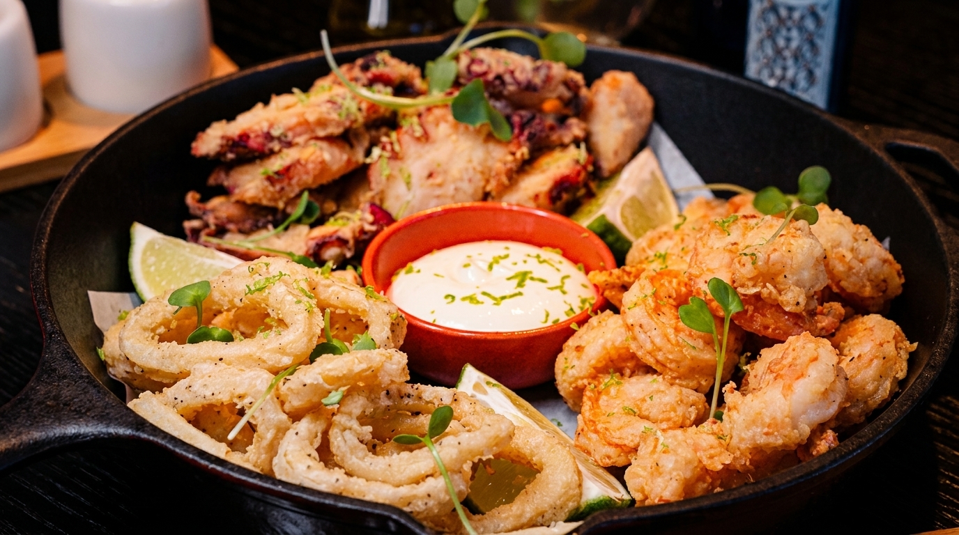 Crispy fried calamari, shrimp, and octopus served with lime wedges and a white dipping sauce.