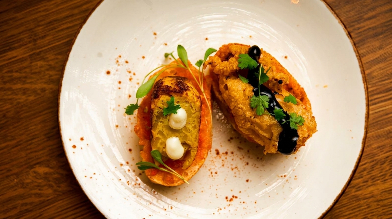 Two fried appetizers, one with white dollops and the other with dark sauce, on a white plate.