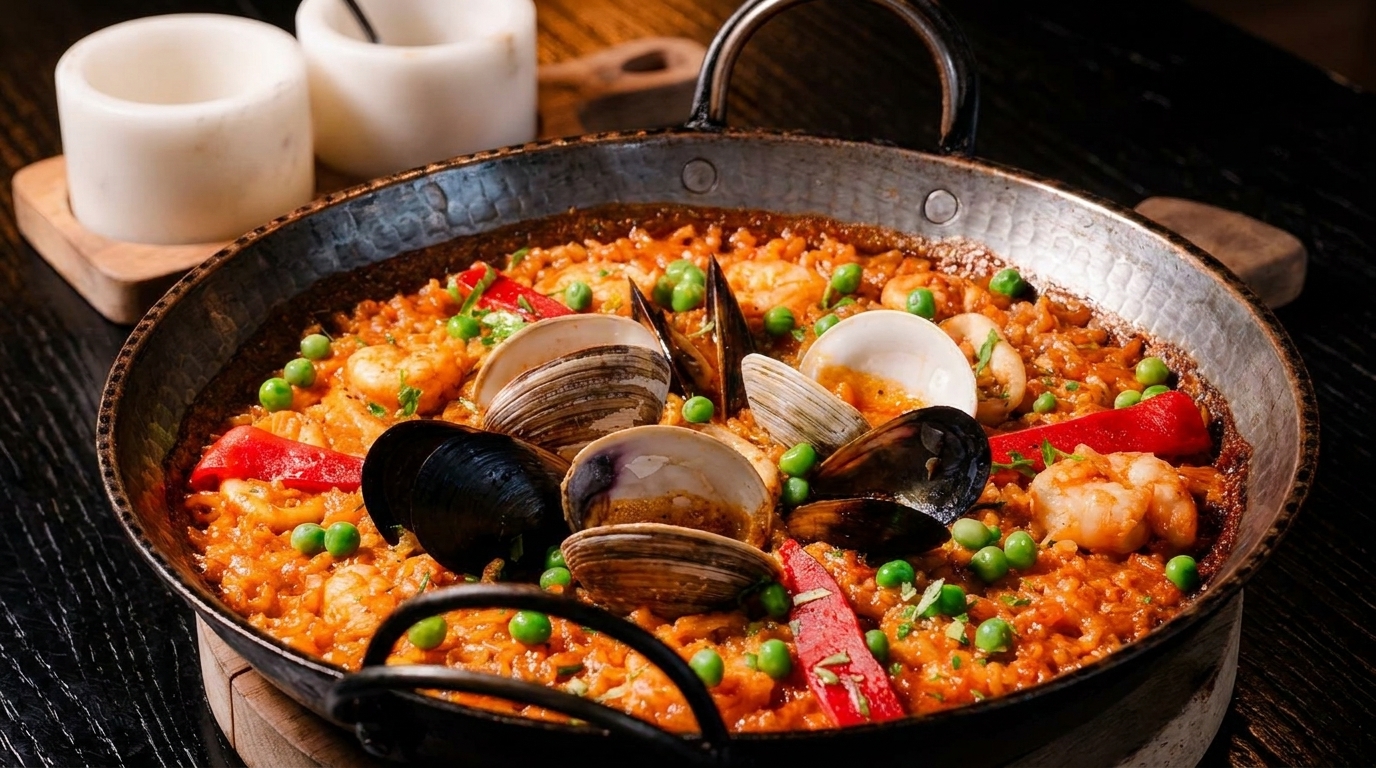 A large pan of seafood paella with mussels, clams, shrimp, peas, and red peppers.