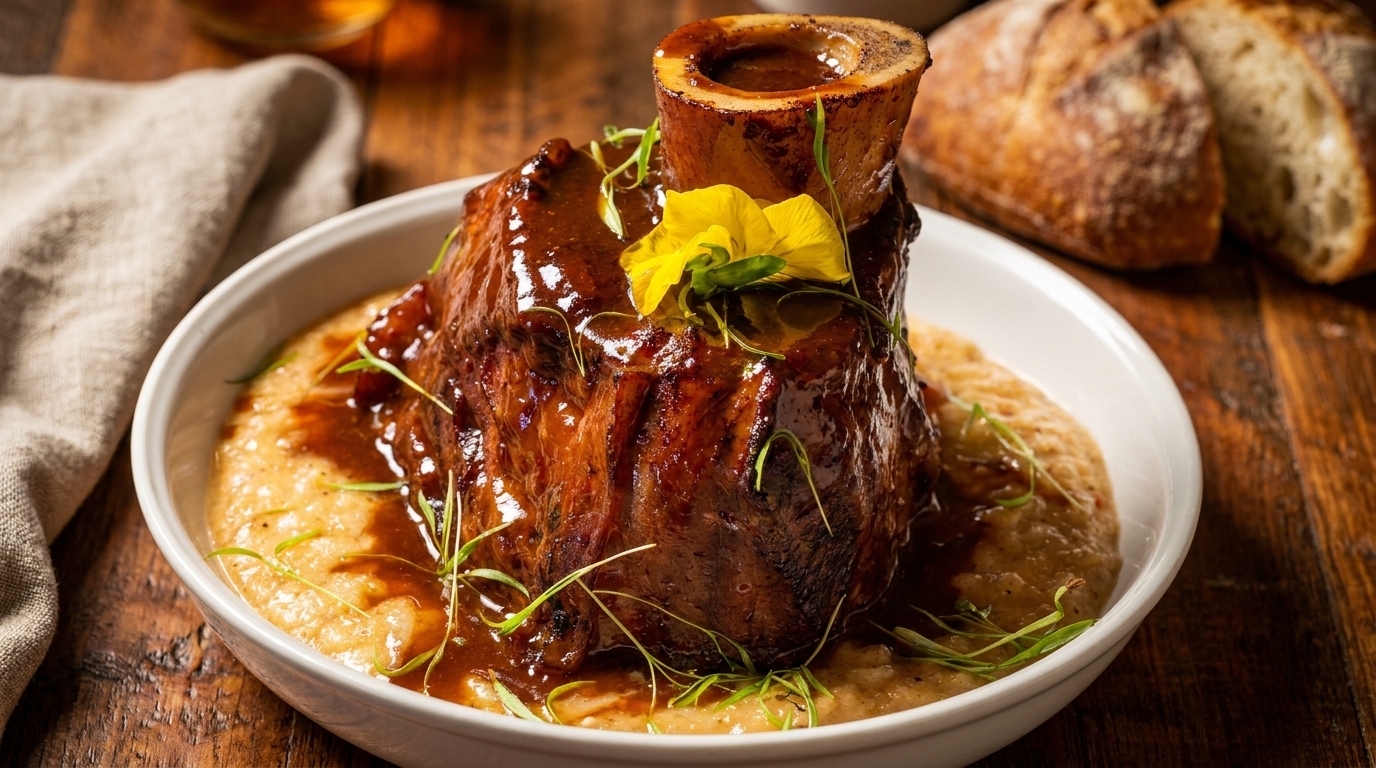 Braised osso buco with bone marrow, gravy, polenta, garnished with a yellow flower and microgreens.