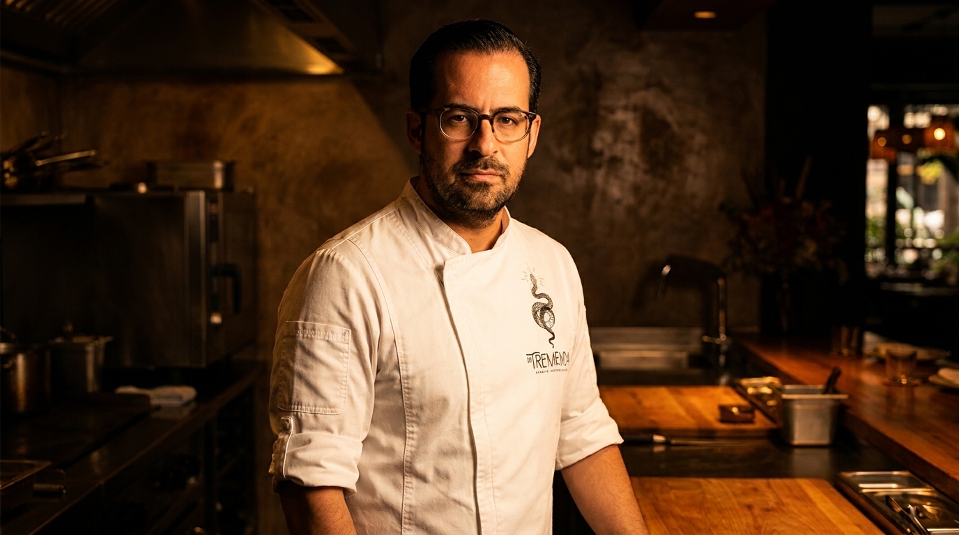 Chef in white chef's coat with a snake logo, standing in a dimly lit kitchen.