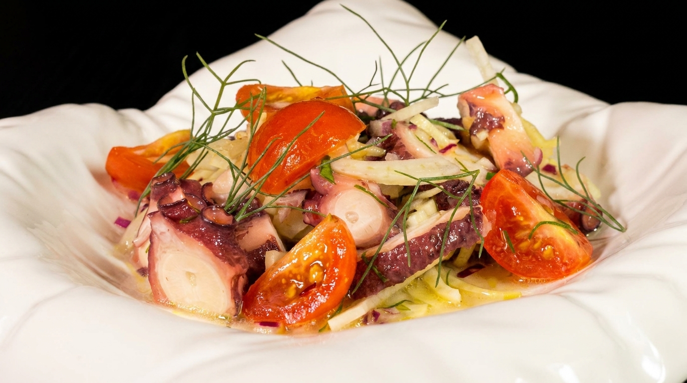 Octopus salad with cherry tomatoes, fennel, and herbs in a white bowl.