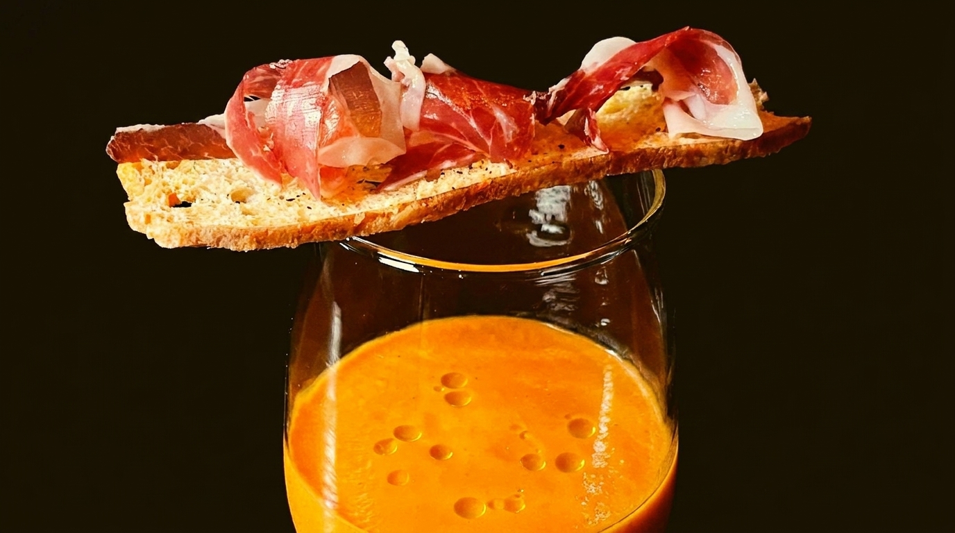 Orange soup in a glass with a toasted bread slice topped with prosciutto.