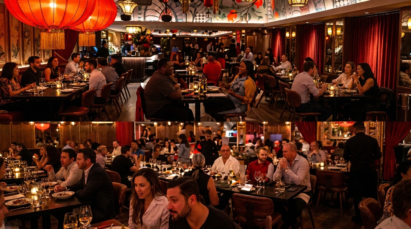 Diners enjoying meals at tables in a warmly lit, bustling restaurant with red lanterns and curtains.