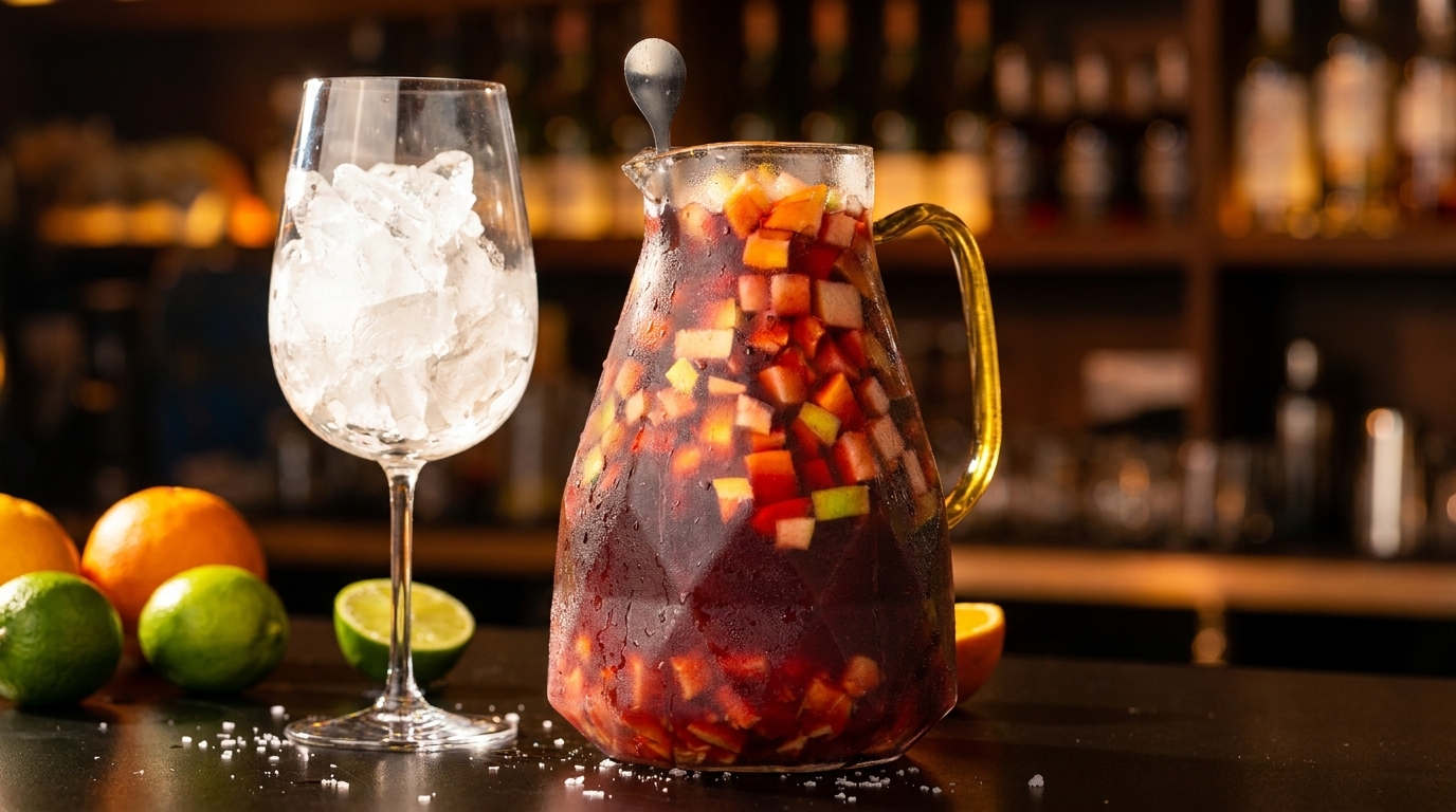 A pitcher of sangria with fruit, a glass of ice, and citrus on a bar.