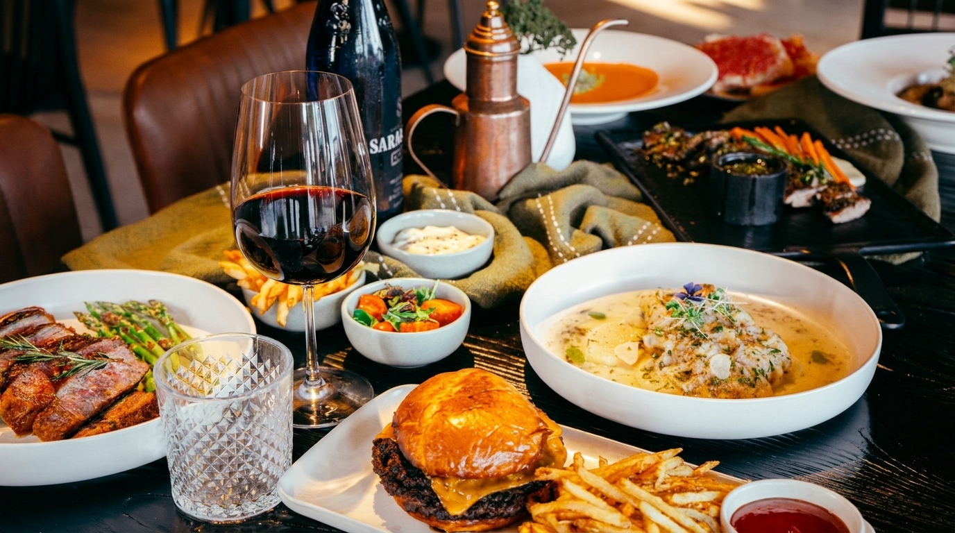 A table laden with various dishes, including steak, burger, fries, soup, and red wine.