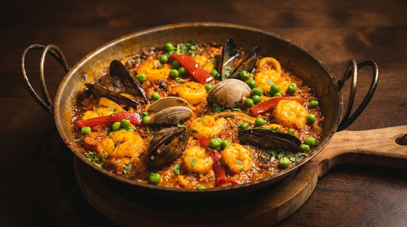 Seafood paella with shrimp, mussels, clams, peas, and red peppers in a rustic pan.