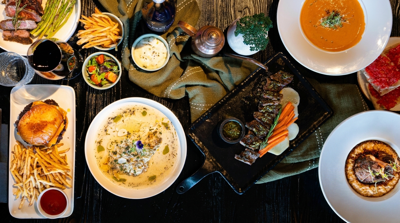 Overhead view of a table laden with various dishes, including steak, burger, fries, soup, and pasta.
