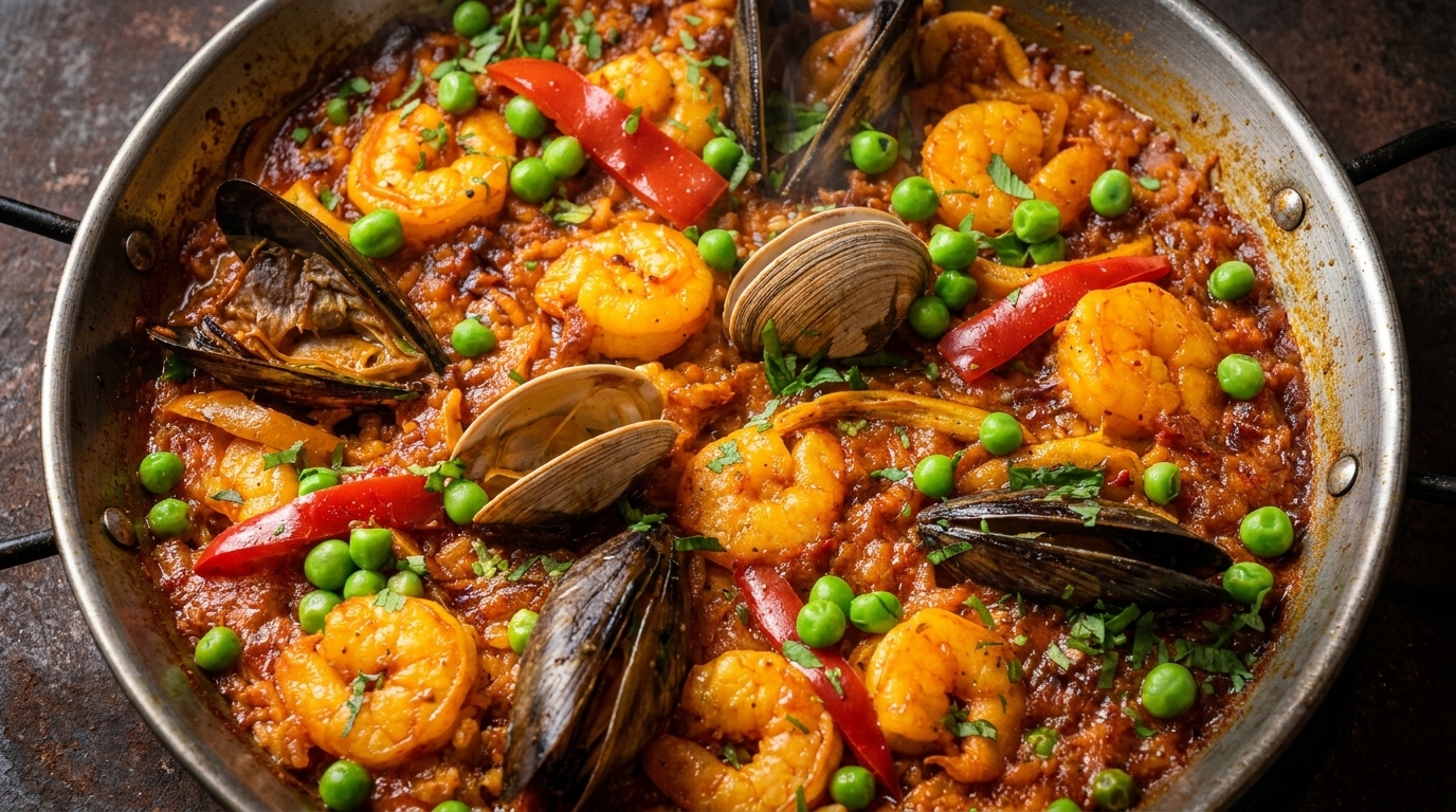 Close-up of a paella pan filled with vibrant seafood paella, garnished with peas and red peppers.