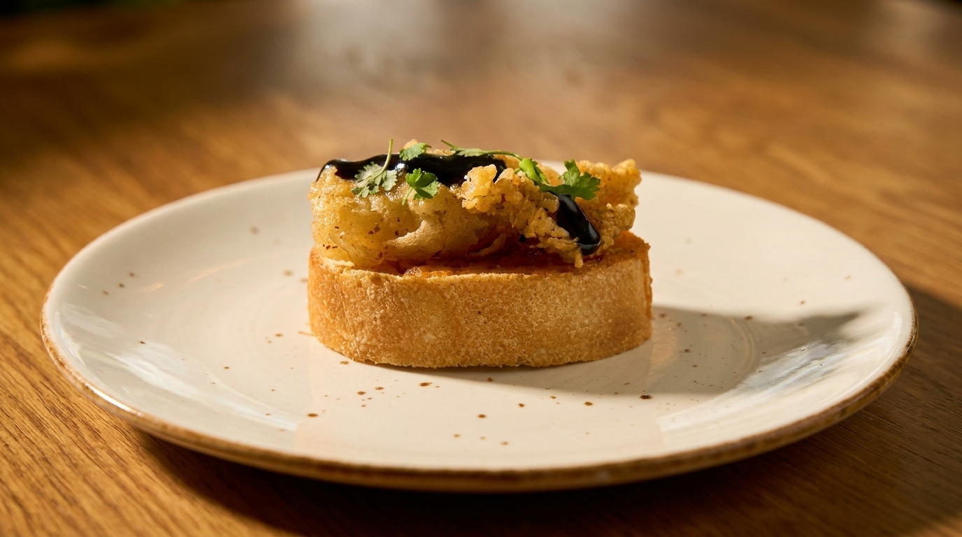 Crispy fried chicken on a toasted baguette slice, drizzled with dark sauce and garnished with cilantro.