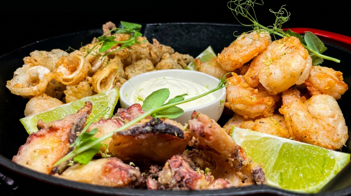 Fried calamari, shrimp, and octopus with lime wedges and a white dipping sauce.