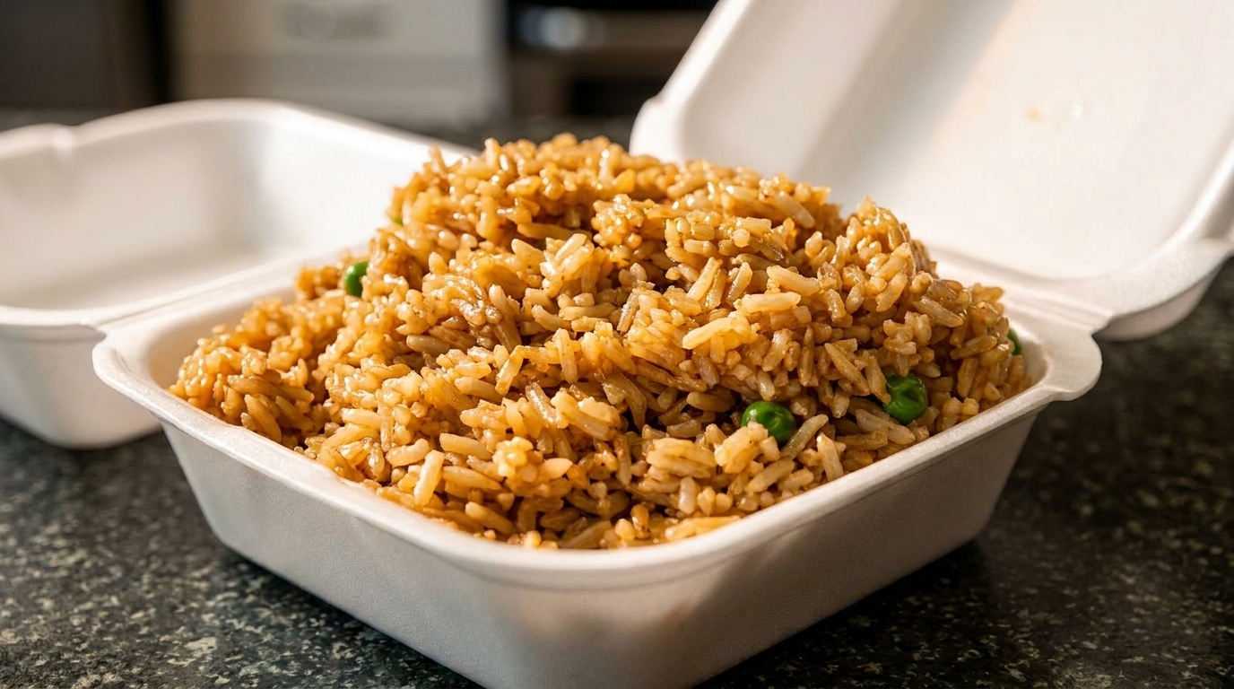 Fried rice with peas in a white styrofoam takeout container on a dark speckled surface.