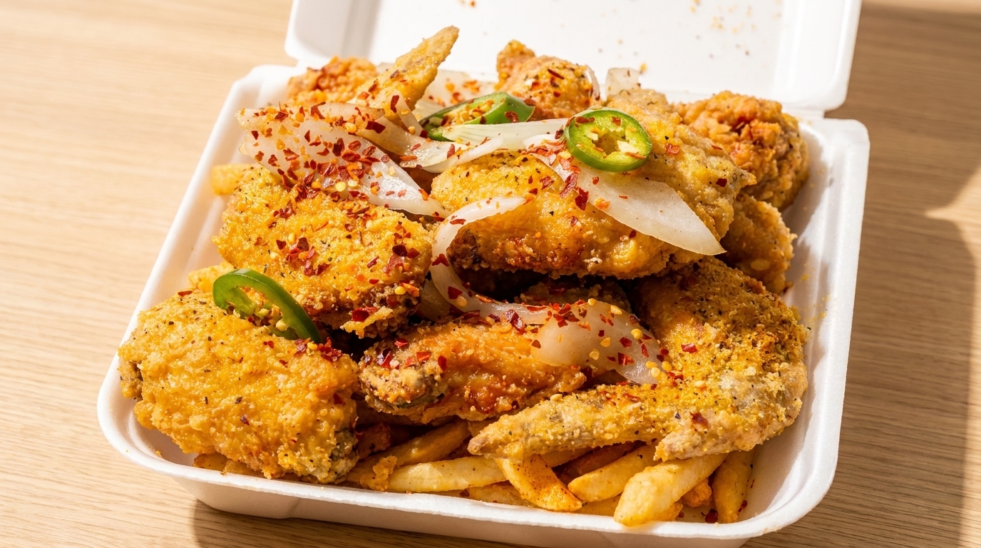 Crispy fried chicken wings and fries topped with onions, jalapeños, and chili flakes in a takeout container.