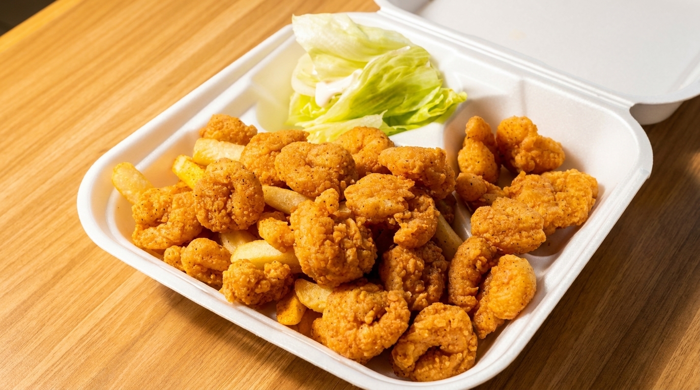 Fried shrimp and french fries with a side of lettuce and dressing in a white takeout container.