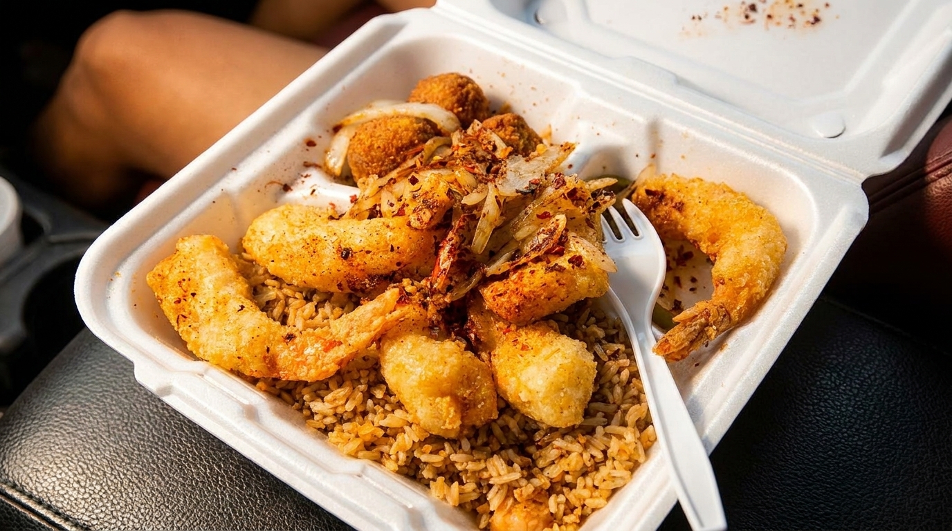 Fried shrimp and rice with onions and spices in a white takeout container with a fork.