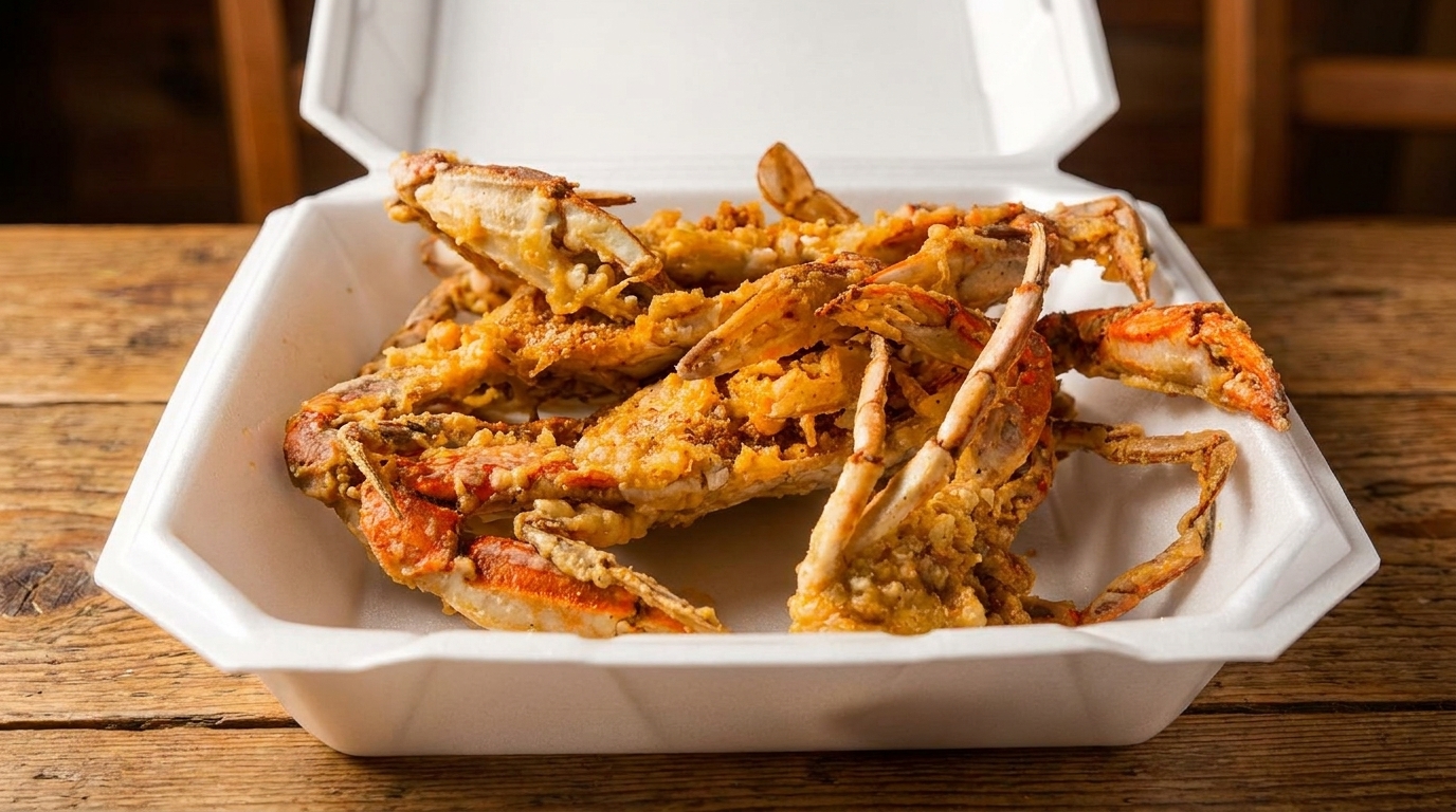 Crispy fried soft-shell crabs in a white takeout container on a rustic wooden table.
