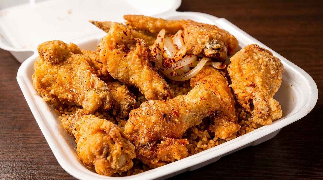 Crispy fried chicken wings and drumsticks with onions and spices, served over rice in a takeout container.