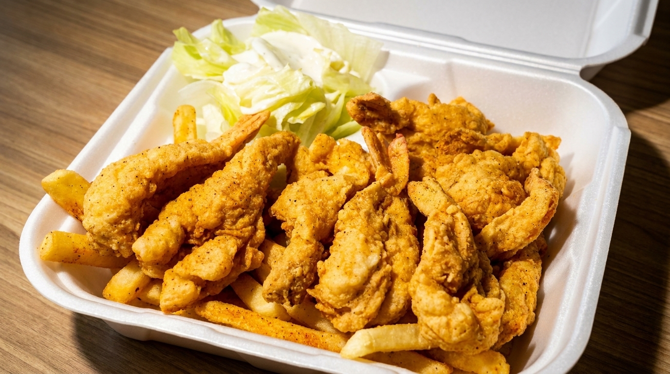 Crispy fried shrimp and french fries with a side of lettuce in a white takeout container.